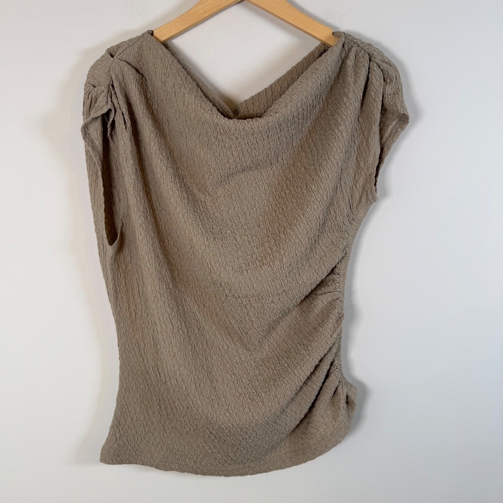 NEW Modern Works One Shoulder Top Medium Tan Ruched Textured Asymmetrical Blouse